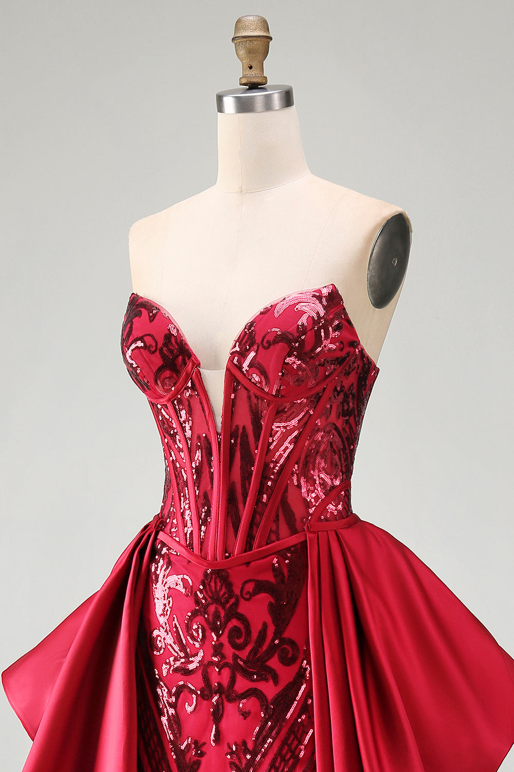 Red Mermaid Sheer Corset Sweetheart Beaded Long Pageant Dress with Sash