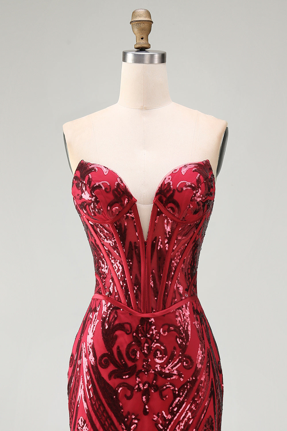 Red Mermaid Sheer Corset Sweetheart Beaded Long Pageant Dress with Sash