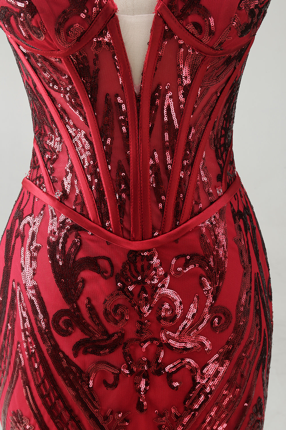 Red Mermaid Sheer Corset Sweetheart Beaded Long Pageant Dress with Sash