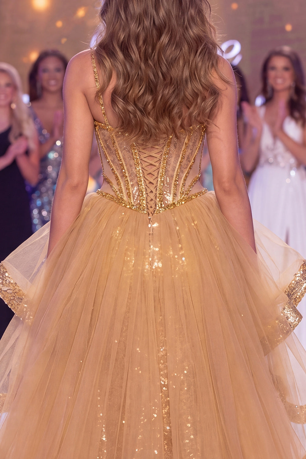 Sparkly Golden Sheer Corset Mermaid Sequins Long Pageant Dress with Slit