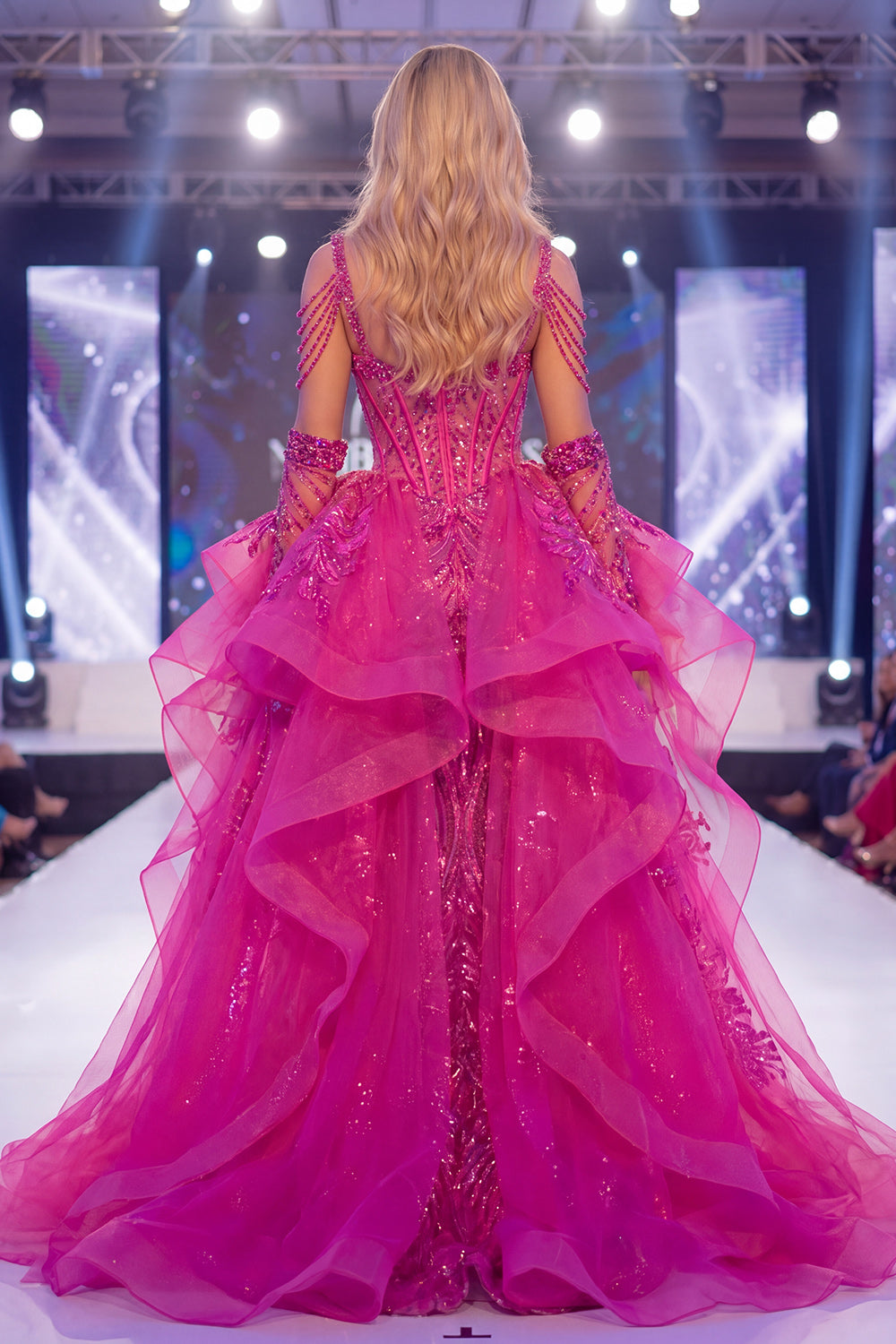 Sparkly Fuchsia Cold Shoulder Sheer Corset Mermaid Long Pageant Dress with Sash