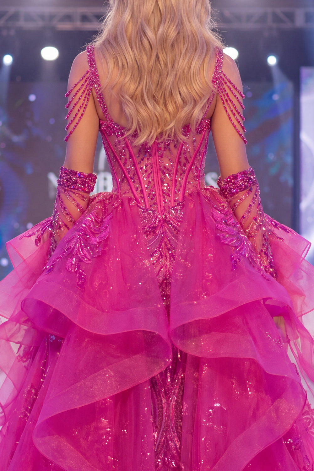 Sparkly Fuchsia Cold Shoulder Sheer Corset Mermaid Long Pageant Dress with Sash