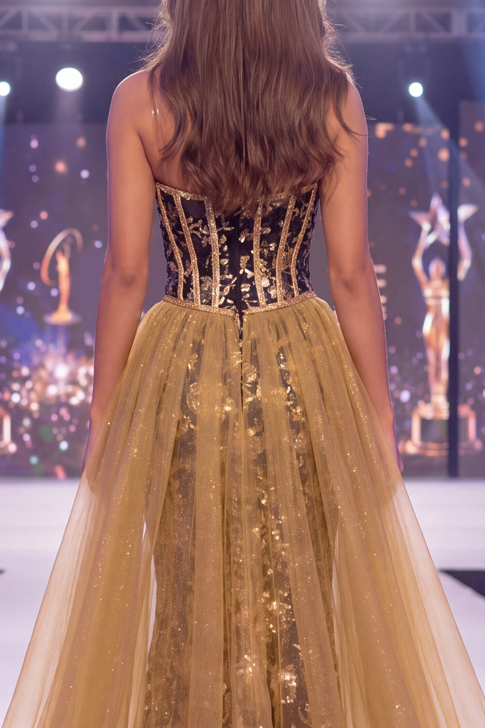 Sparkly Black Golden Mermaid Sequins Sweetheart Corset Long Pageant Dress with Sash
