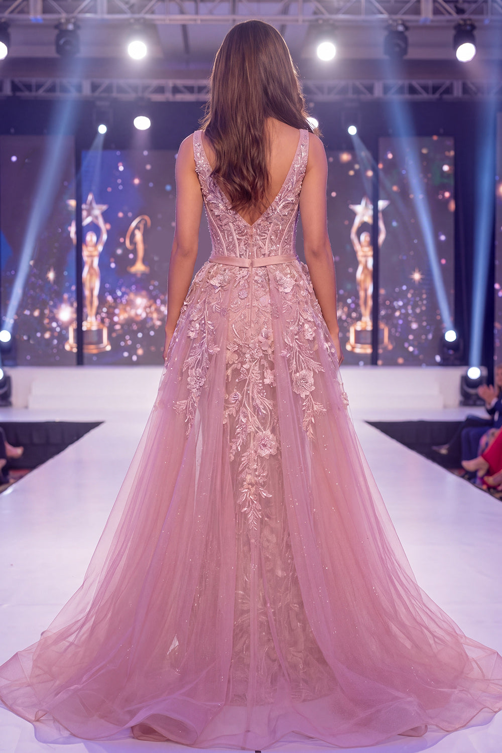 Mermaid Blush V-Neck Sheer Corset Floral Long Pageant Dress with Sash
