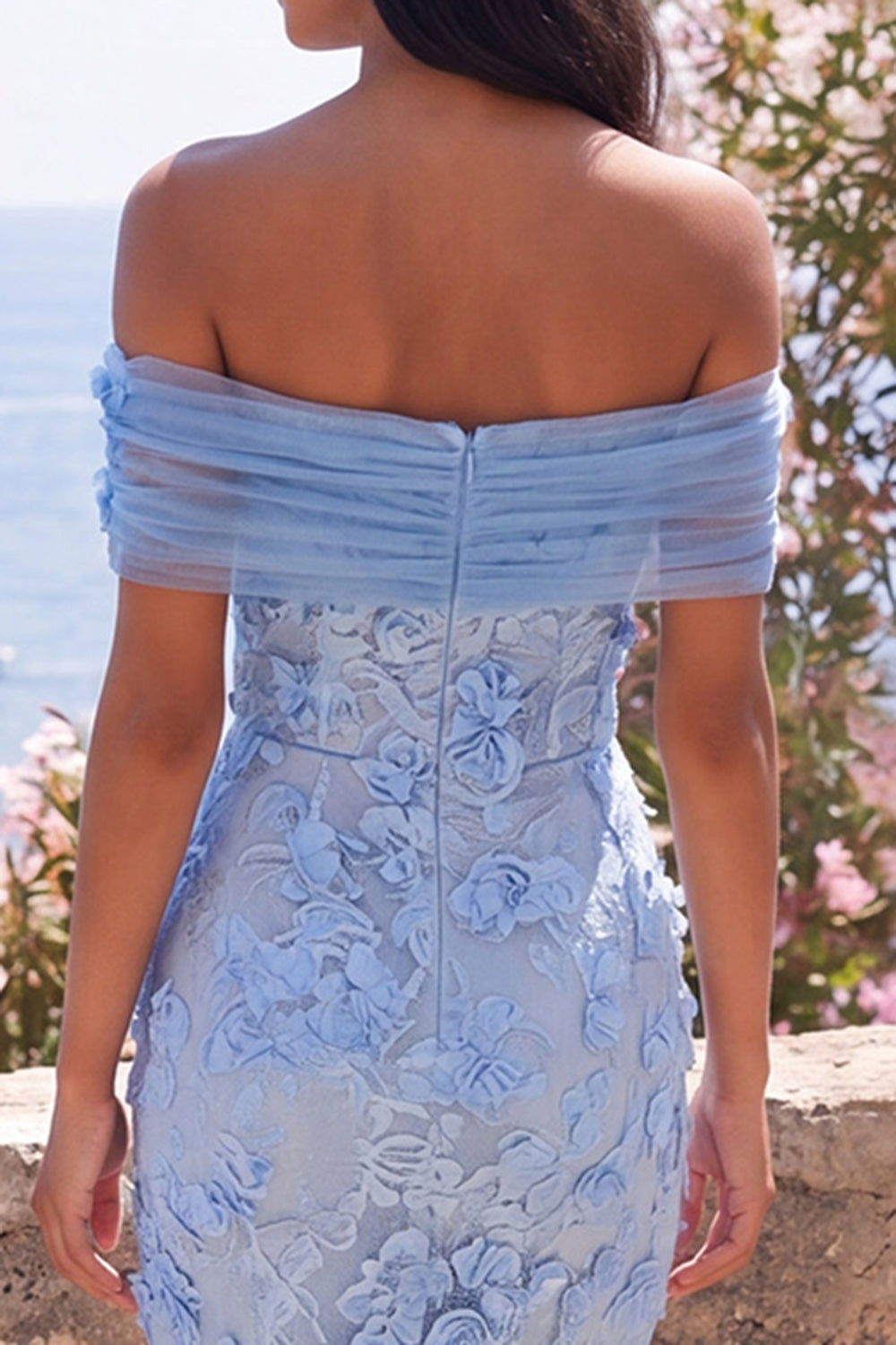 Blue Off the Shoulder Bodycon Appliqued Floral Maxi Dress