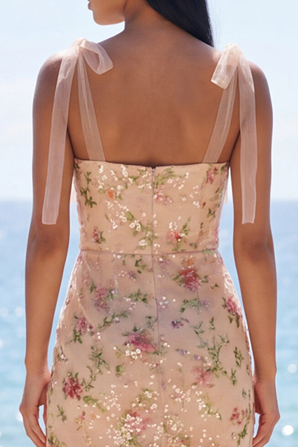 Sparkly Champagne Mermaid Spaghetti Straps Sequins Midi Floral Dress with Slit