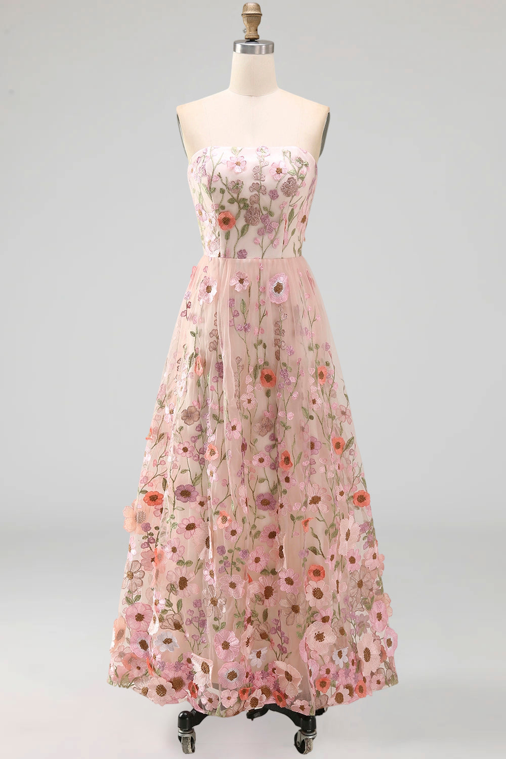 A-Line Pink Strapless Embroidered Midi Floral Dress