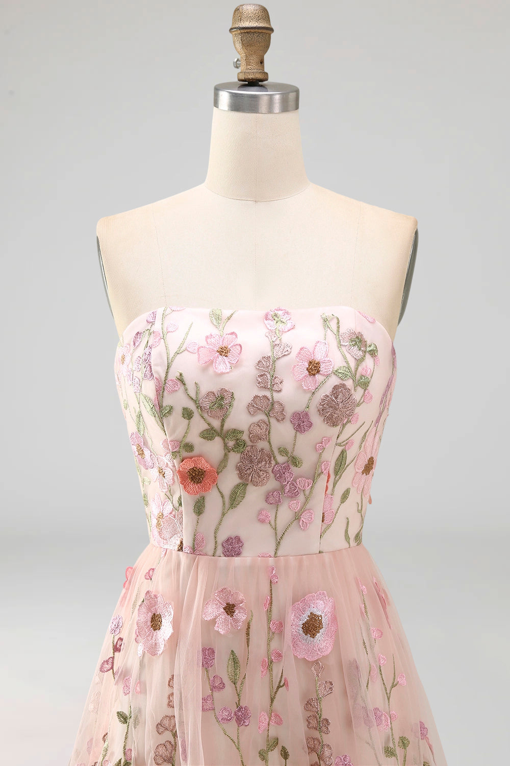 A-Line Pink Strapless Embroidered Midi Floral Dress