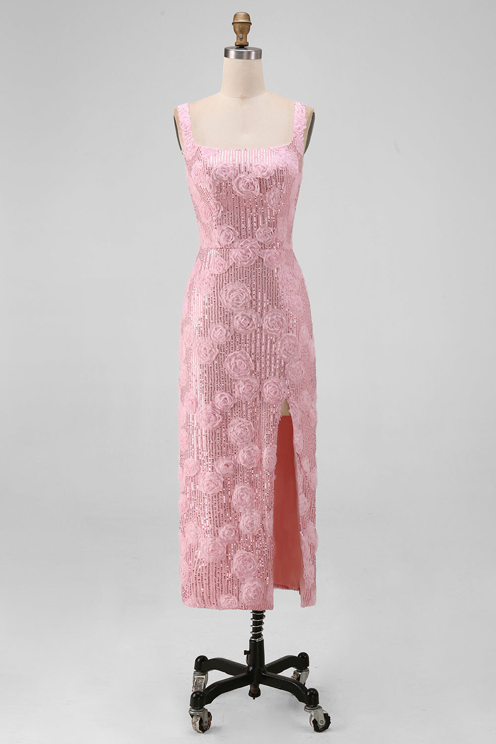 Sparkly Pink Bodycon Square Neck Sequin Midi Floral Dress with Slit