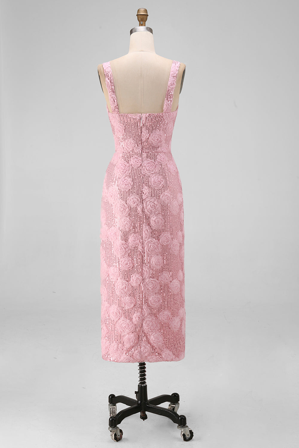 Sparkly Pink Bodycon Square Neck Sequin Midi Floral Dress with Slit
