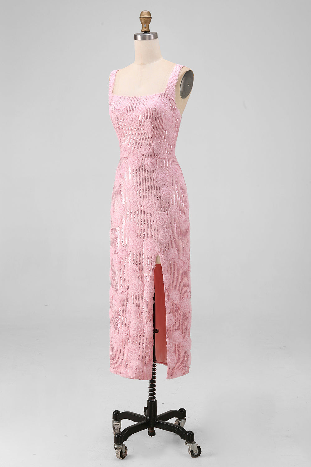 Sparkly Pink Bodycon Square Neck Sequin Midi Floral Dress with Slit