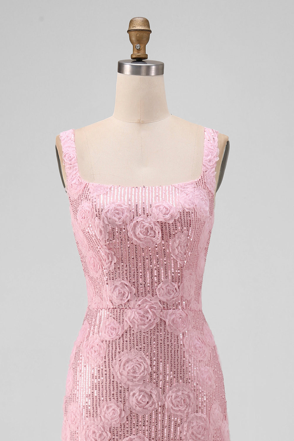 Sparkly Pink Bodycon Square Neck Sequin Midi Floral Dress with Slit