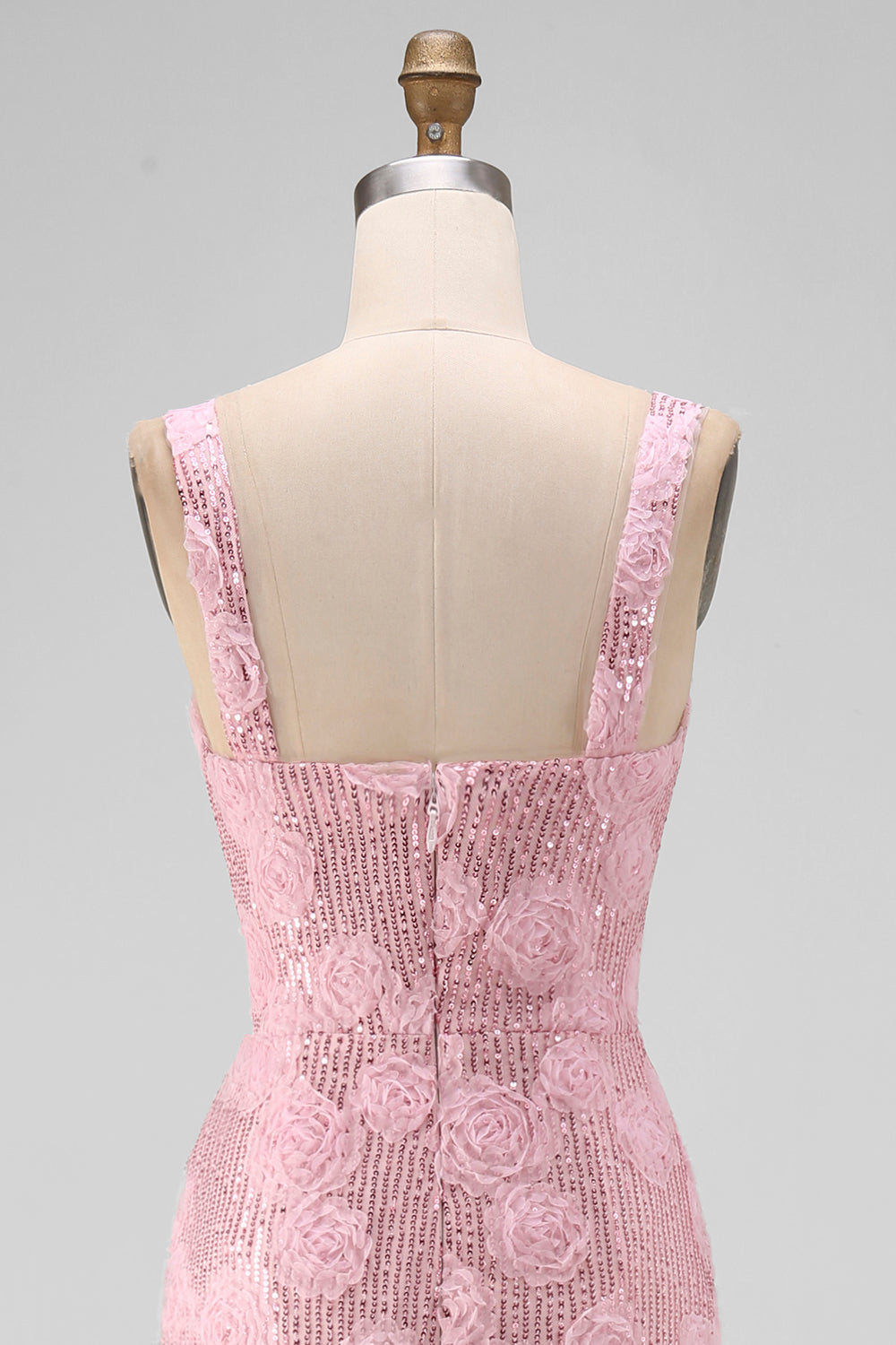 Sparkly Pink Bodycon Square Neck Sequin Midi Floral Dress with Slit