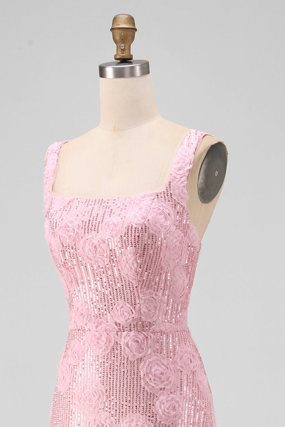 Sparkly Pink Bodycon Square Neck Sequin Midi Floral Dress with Slit
