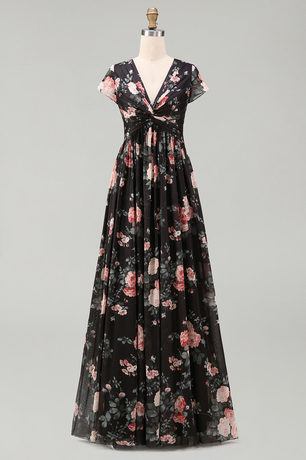 Robe longue noire en mousseline de soie coupe trapèze avec col en V, fronces, motif floral et manches courtes
