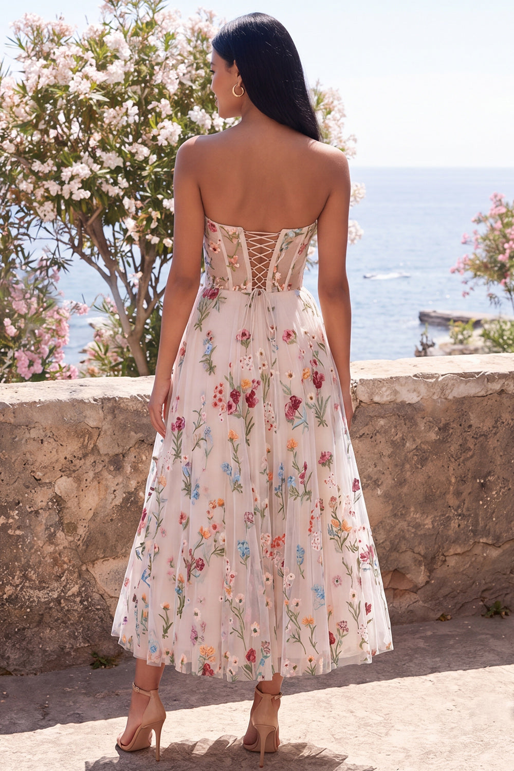 Ivory Sweetheart Tulle Corset A-Line Embroidered Midi Floral Dress