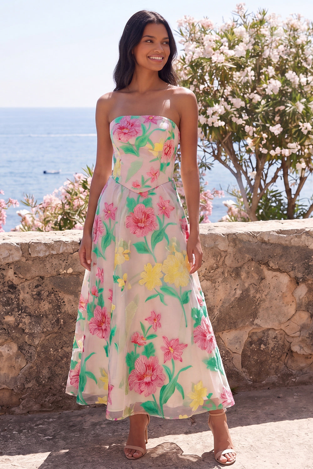 Robe Midi Bustier Évasée Motif Fleur Narcisse Rose