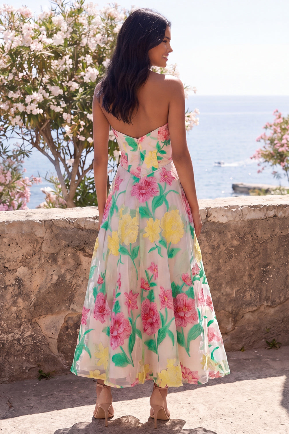 Robe Midi Bustier Évasée Motif Fleur Narcisse Rose