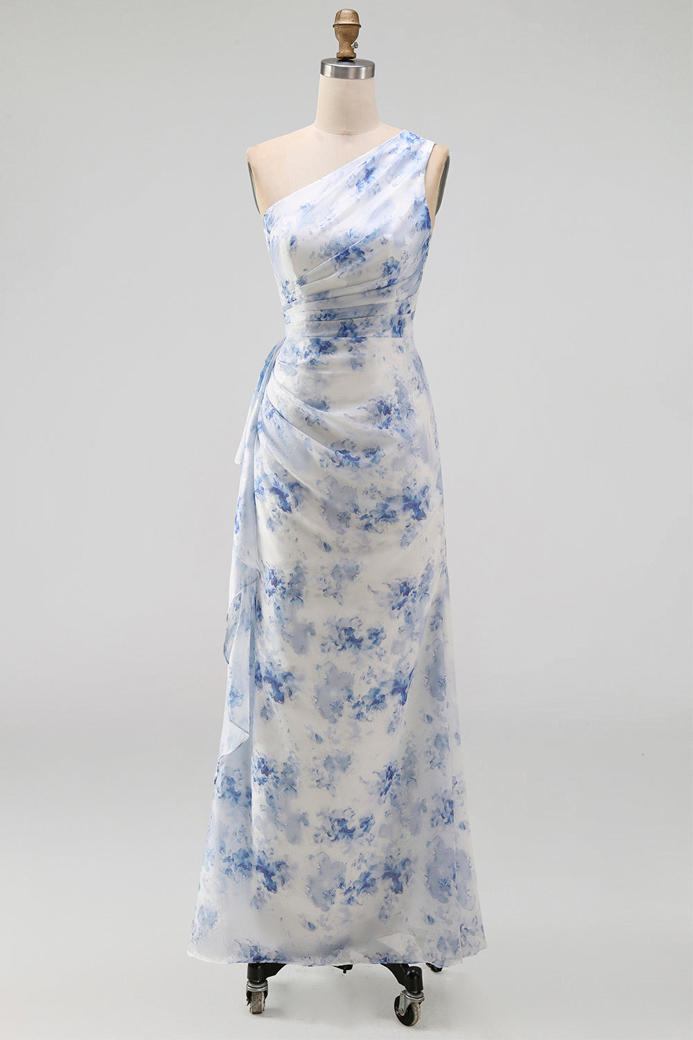 Blue Flower One Shoulder Mermaid Ruched Maxi Dress with Ruffles