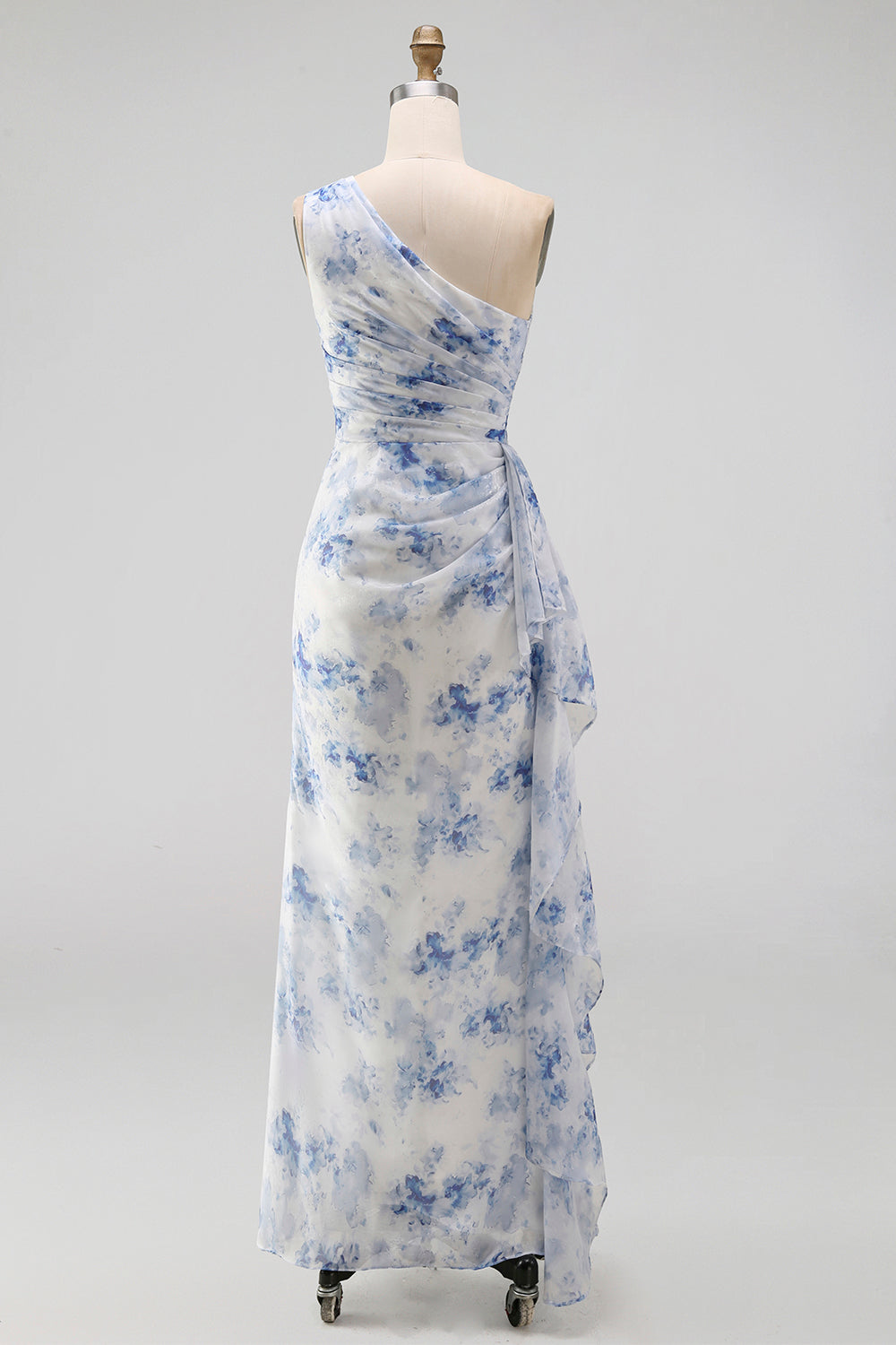 Blue Flower One Shoulder Mermaid Ruched Maxi Dress with Ruffles