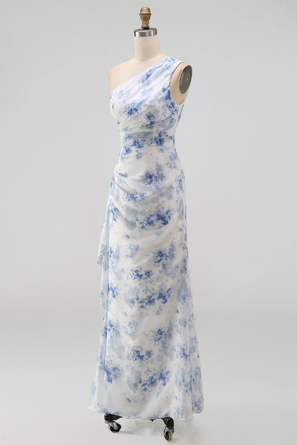 Blue Flower One Shoulder Mermaid Ruched Maxi Dress with Ruffles