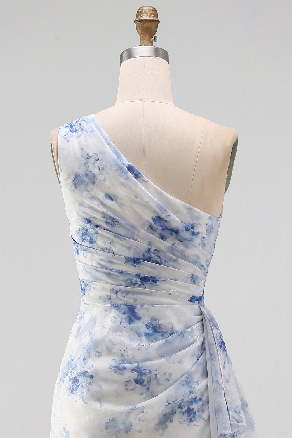 Blue Flower One Shoulder Mermaid Ruched Maxi Dress with Ruffles