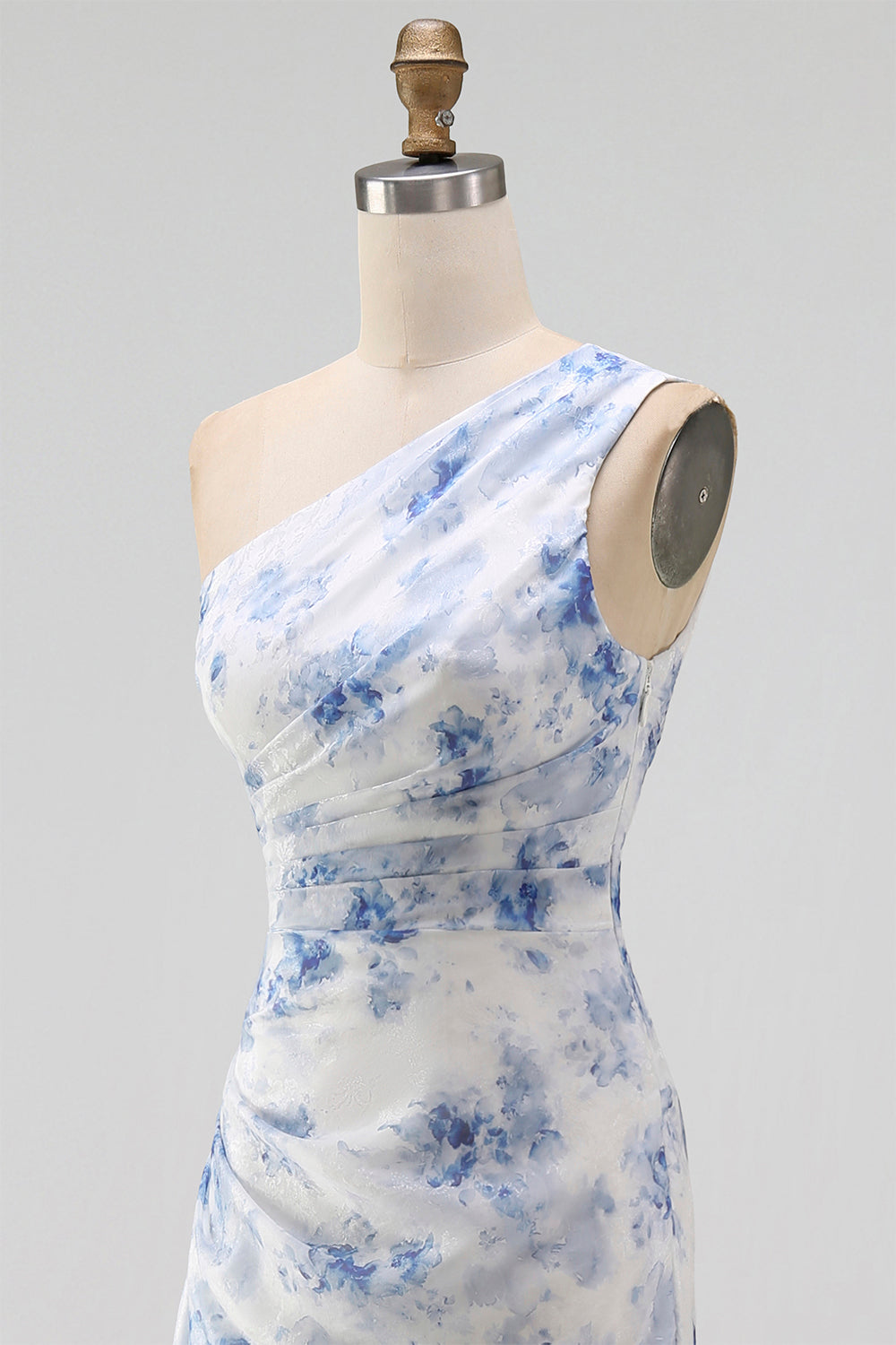 Blue Flower One Shoulder Mermaid Ruched Maxi Dress with Ruffles