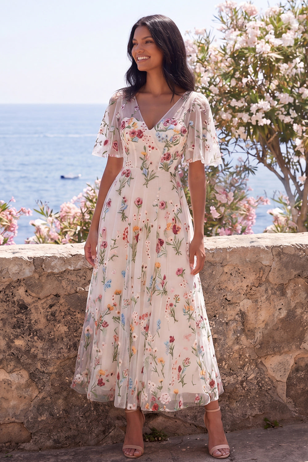 Ivory A-Line Tulle Corset V-Neck Embroidered Floral Midi Dress with Flutter Sleeves