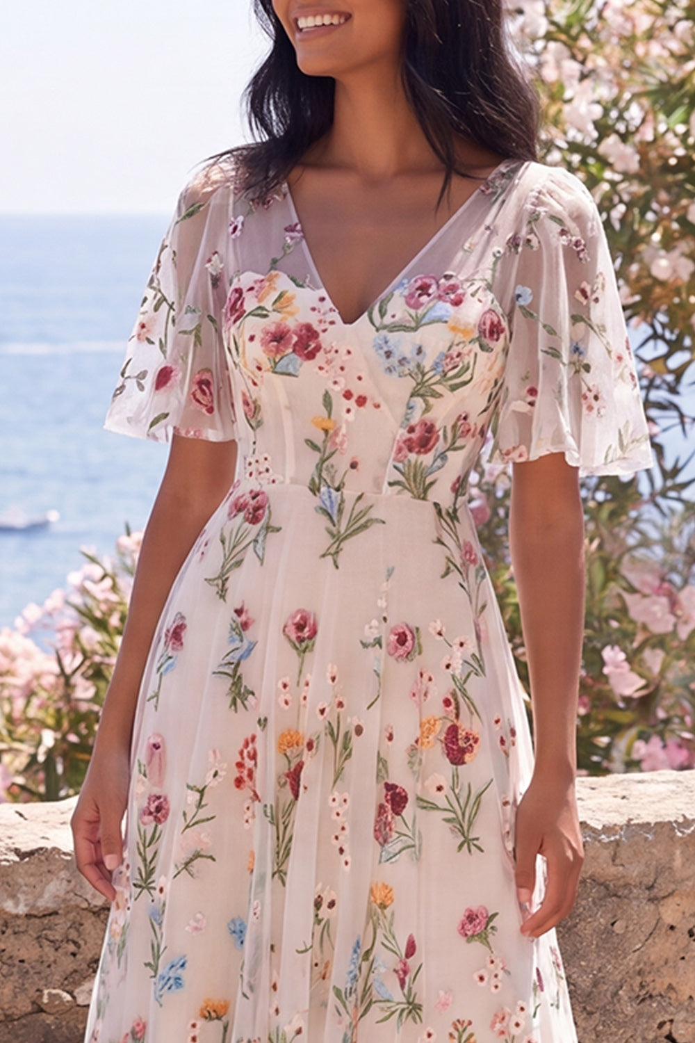 Ivory A-Line Tulle Corset V-Neck Embroidered Floral Midi Dress with Flutter Sleeves