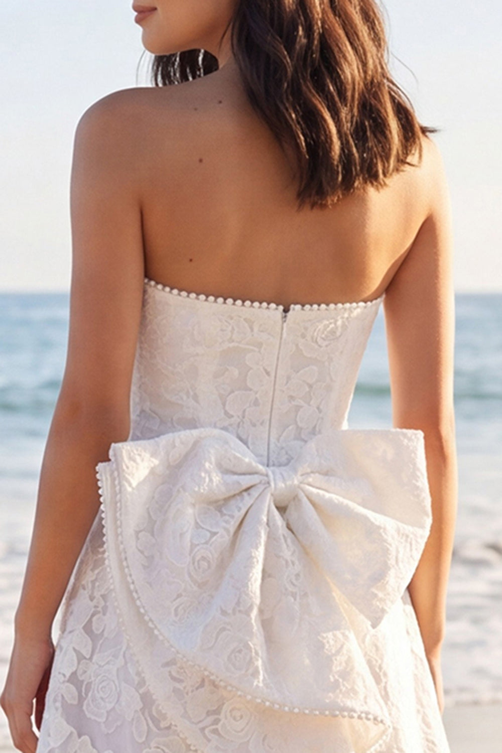 Strapless Ivory A Line Lace Mini Dress with Pearls