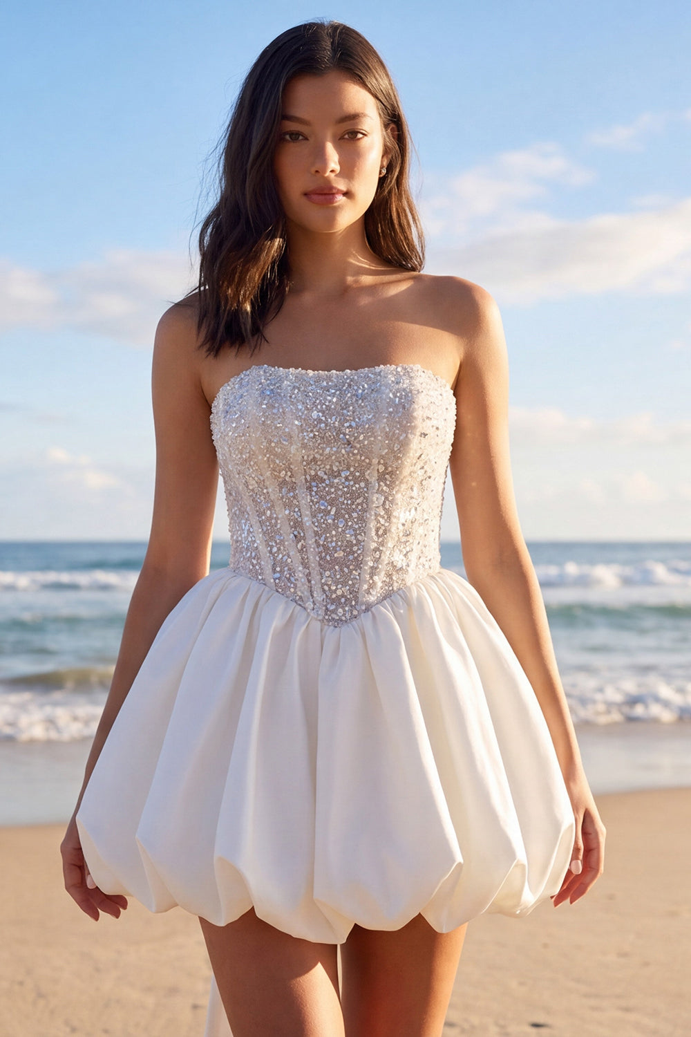 Sprakly Strapless Beaded A Line Corset Little White Dress with Bow