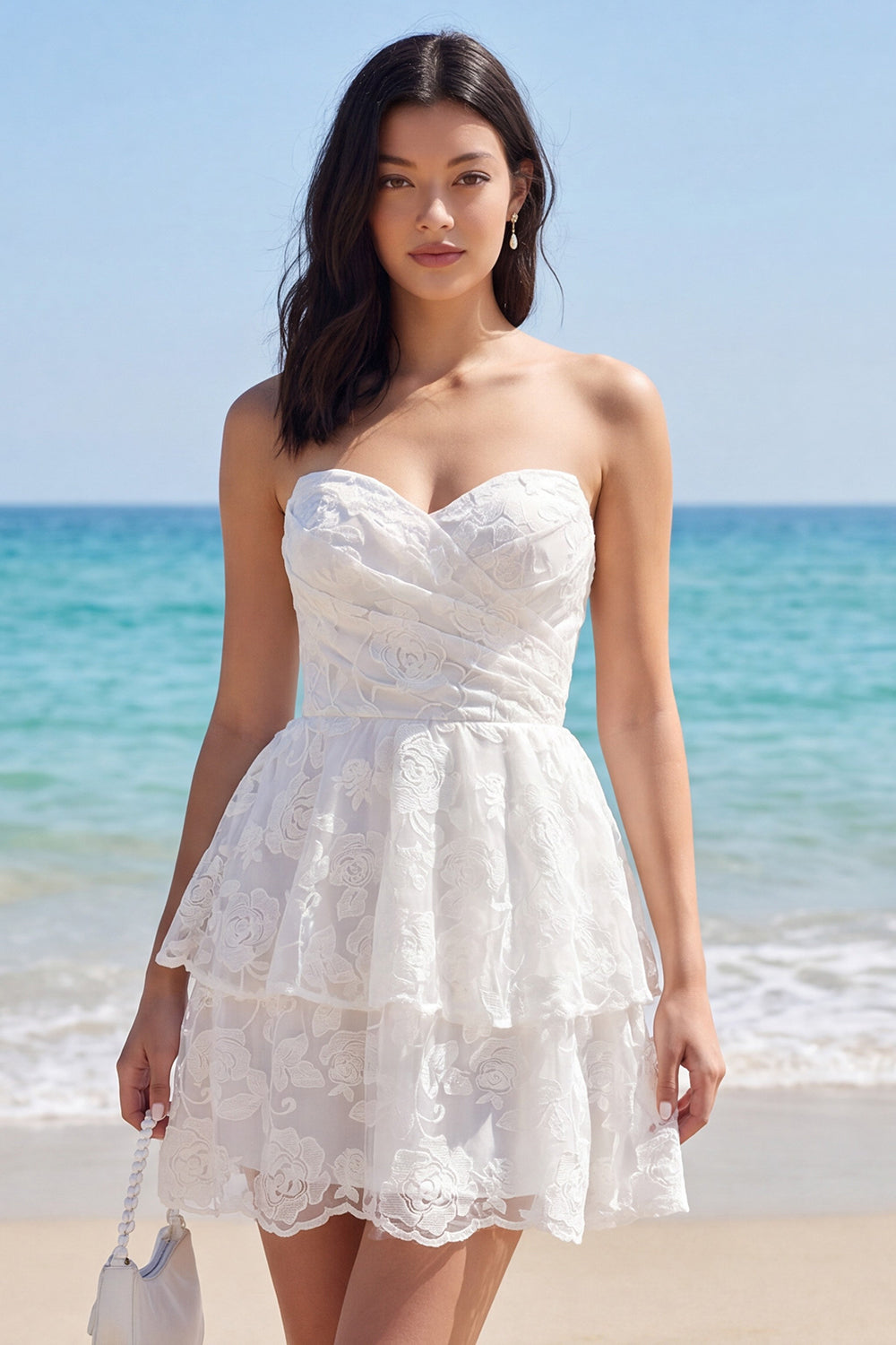 Sweetheart Floral A Line Tiered Little White Dress