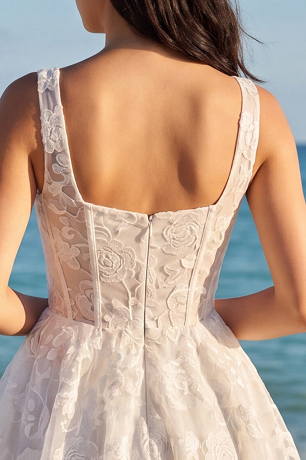 Ivory Floral A Line Corset Square Neck Graduation Dress