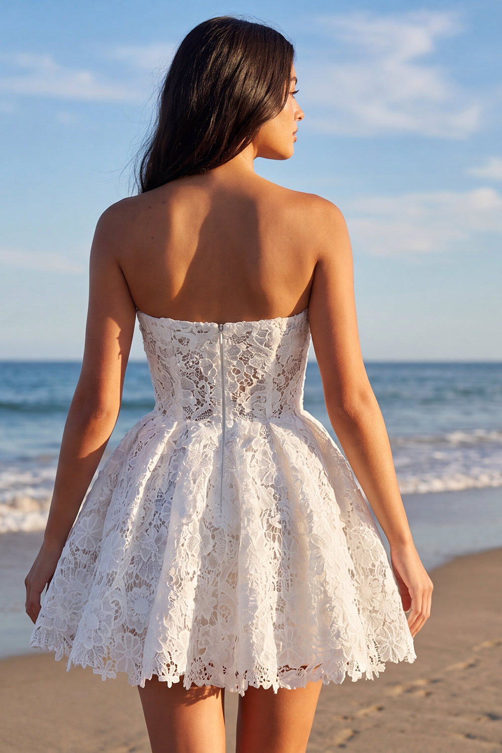 Strapless Floral Lace A Line Little White Dress