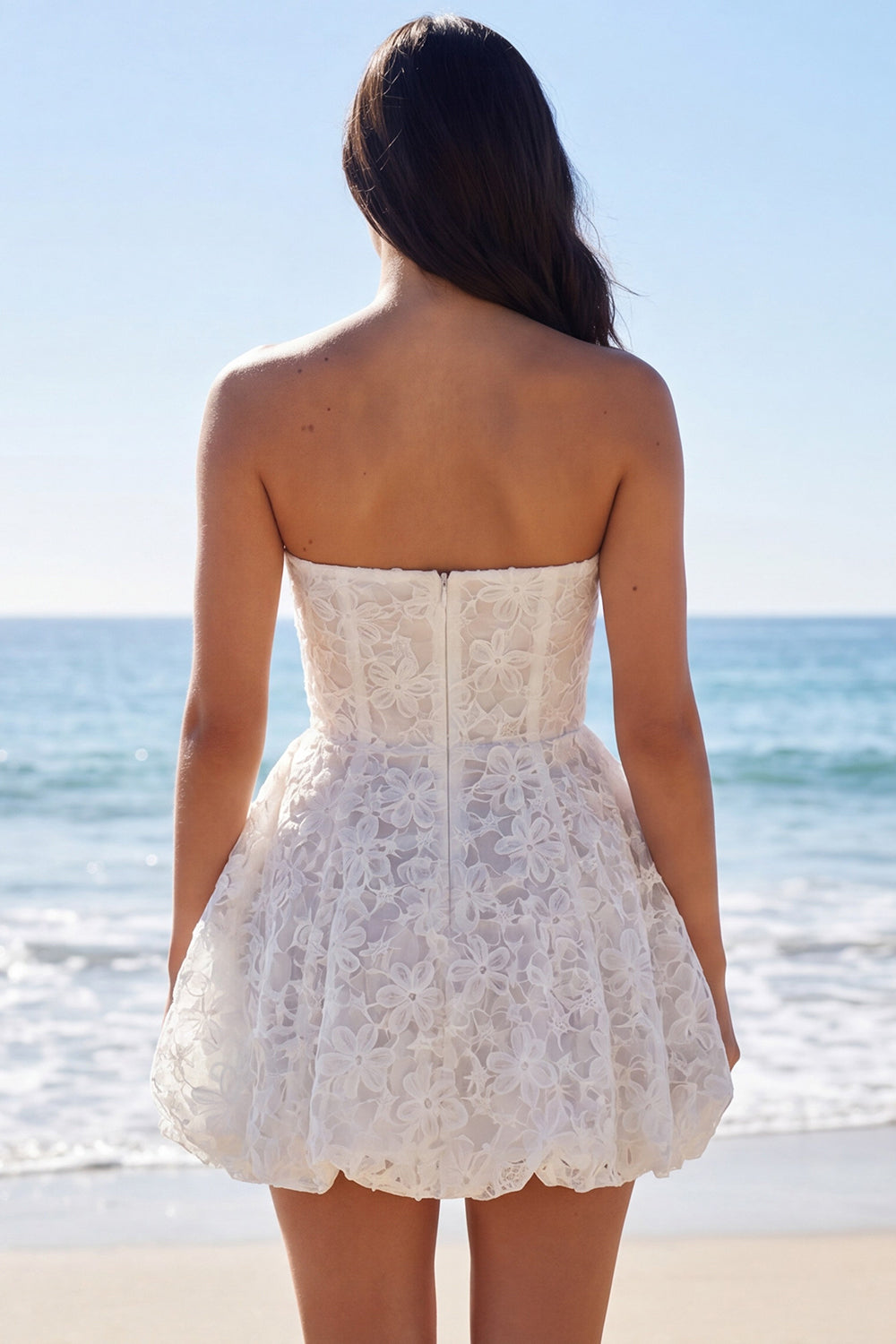 Strapless A Line Floral Corset Little White Dress