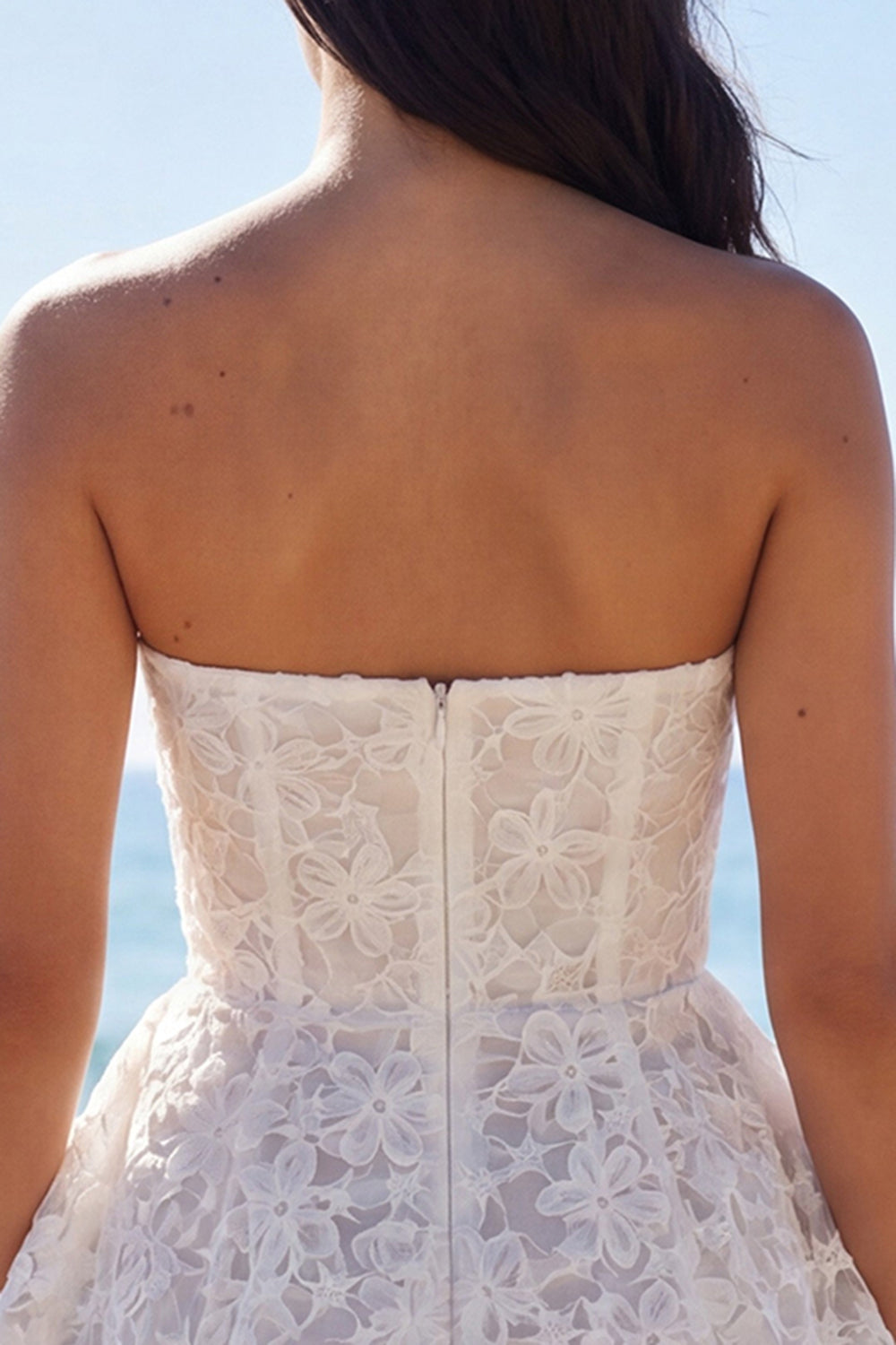 Strapless A Line Floral Corset Little White Dress