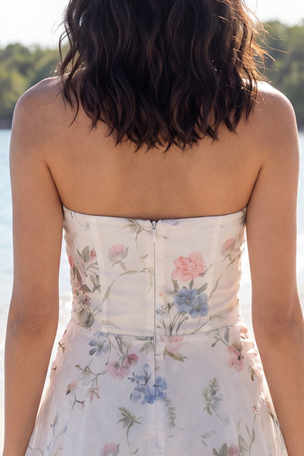 Strapless Floral Cut Out A Line Little White Dress