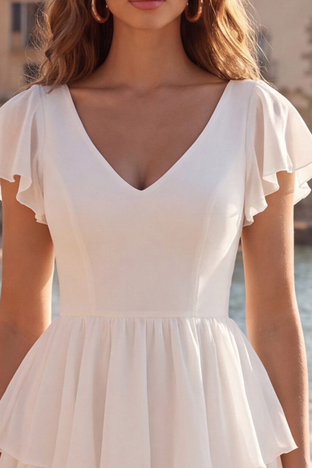Tiered V Neck Ruffled A Line Little White Dress