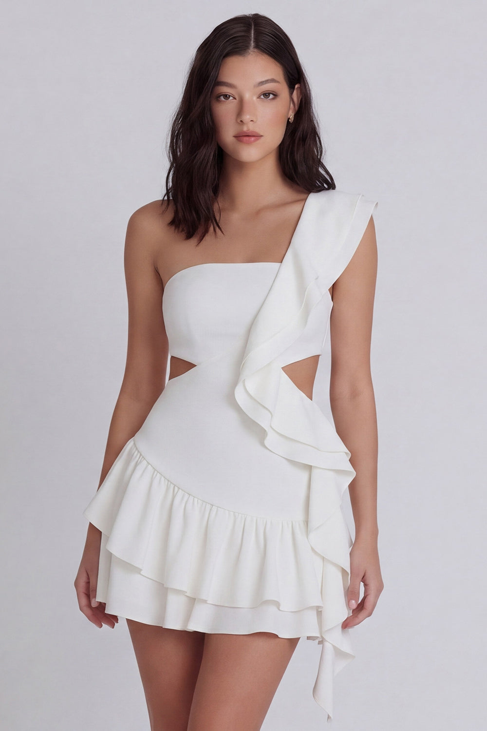 One Shoulder Cut Out A Line Ruffled Little White Dress