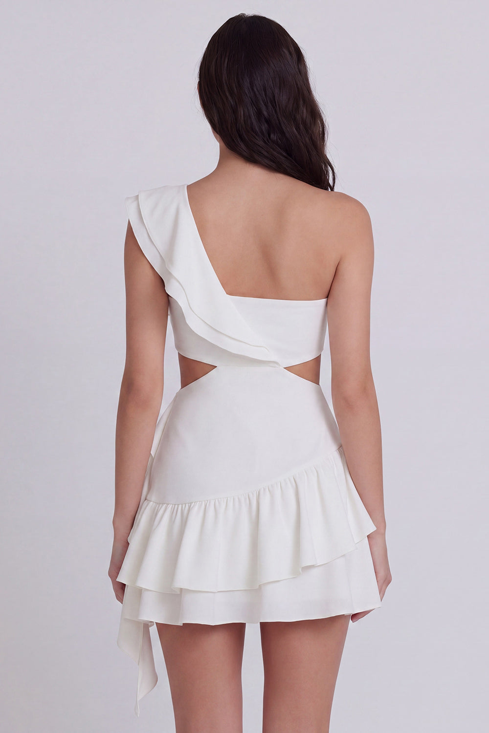 One Shoulder Cut Out A Line Ruffled Little White Dress