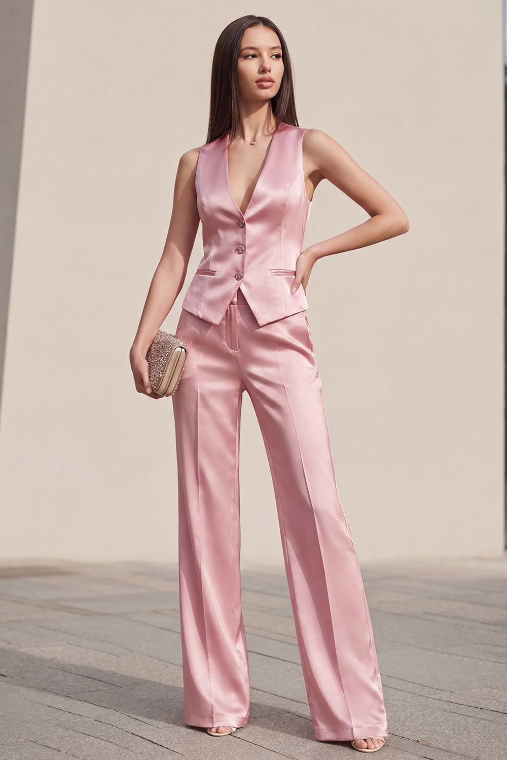 Trajes de mujer slim fit de 2 piezas, sin mangas, escote en V, abotonadura simple, color rosa
