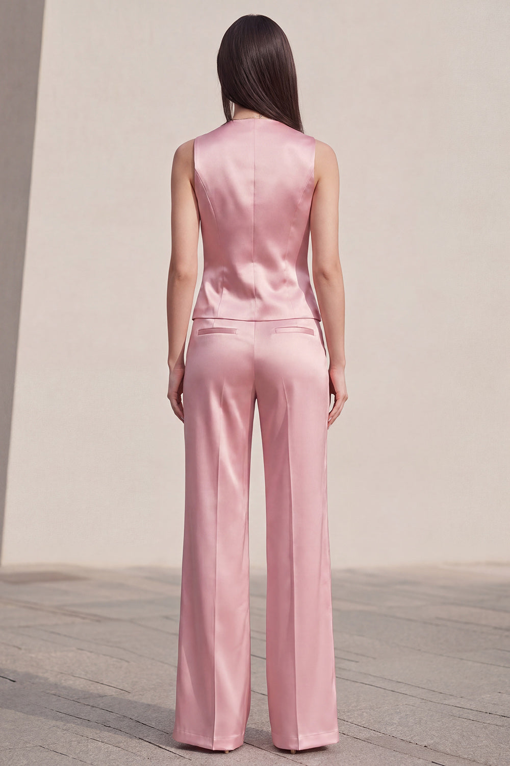 Trajes de mujer slim fit de 2 piezas, sin mangas, escote en V, abotonadura simple, color rosa
