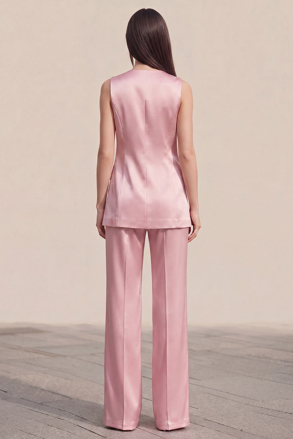 Pink 2 Piece V-Neck One Button Sleeveless Slim Fit Women Suits