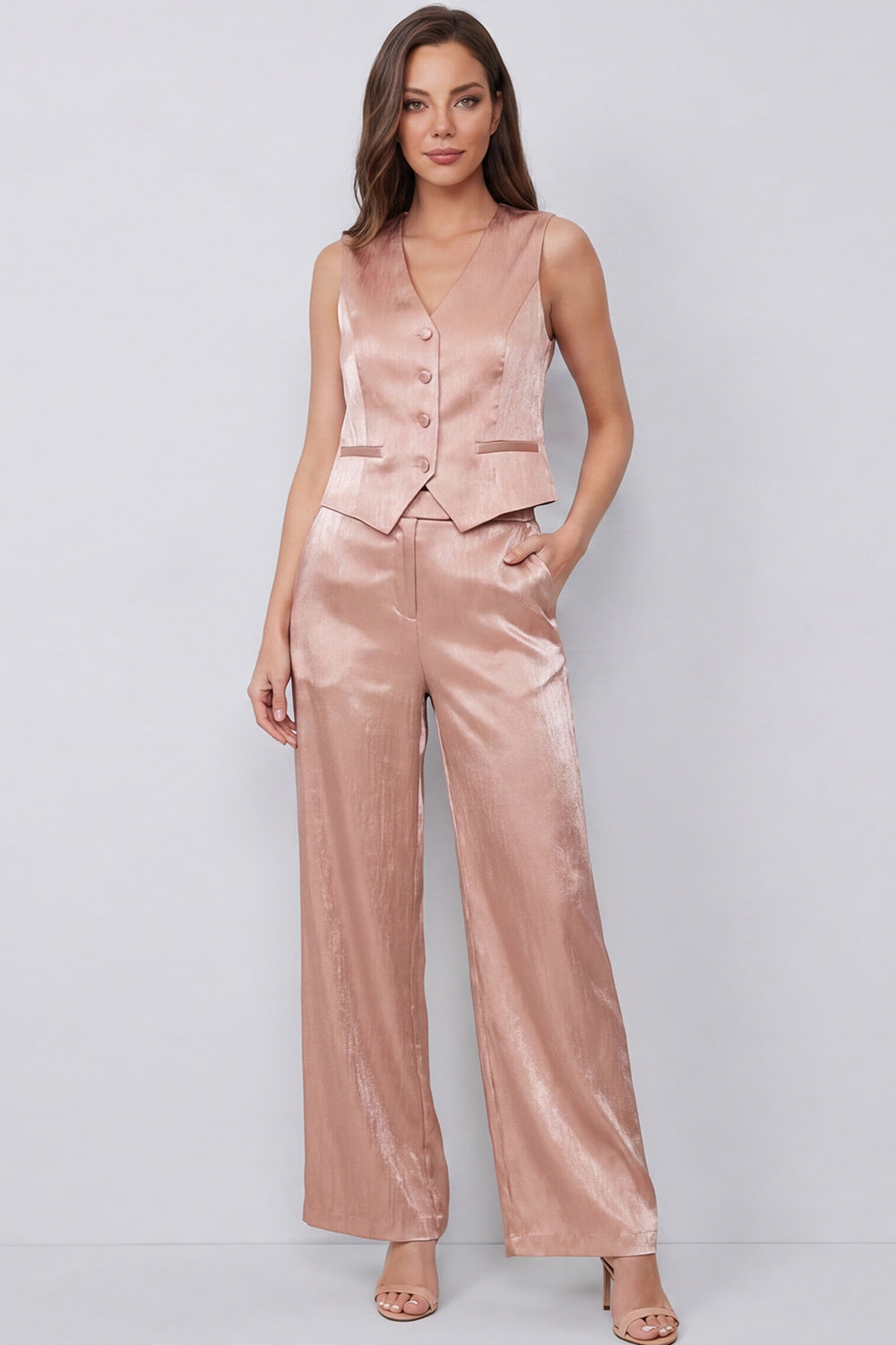 Costumes deux pièces Dusty Rose avec encolure en V et poches pour femmes