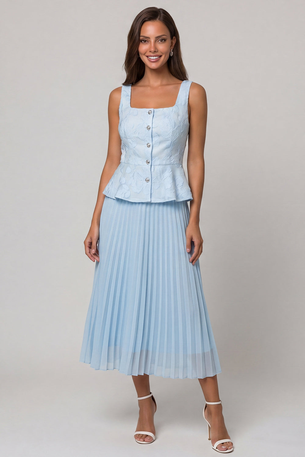 Robe de Travail Midi Plissée Évasée Col Carré Bleu Ciel