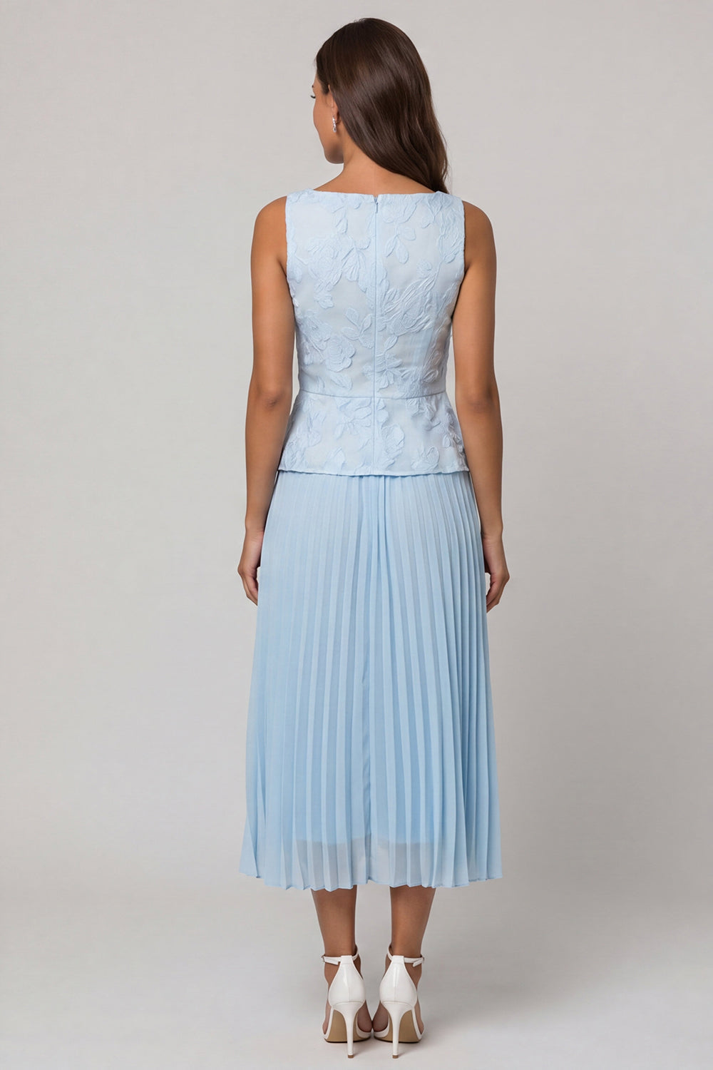 Robe de Travail Midi Plissée Évasée Col Carré Bleu Ciel