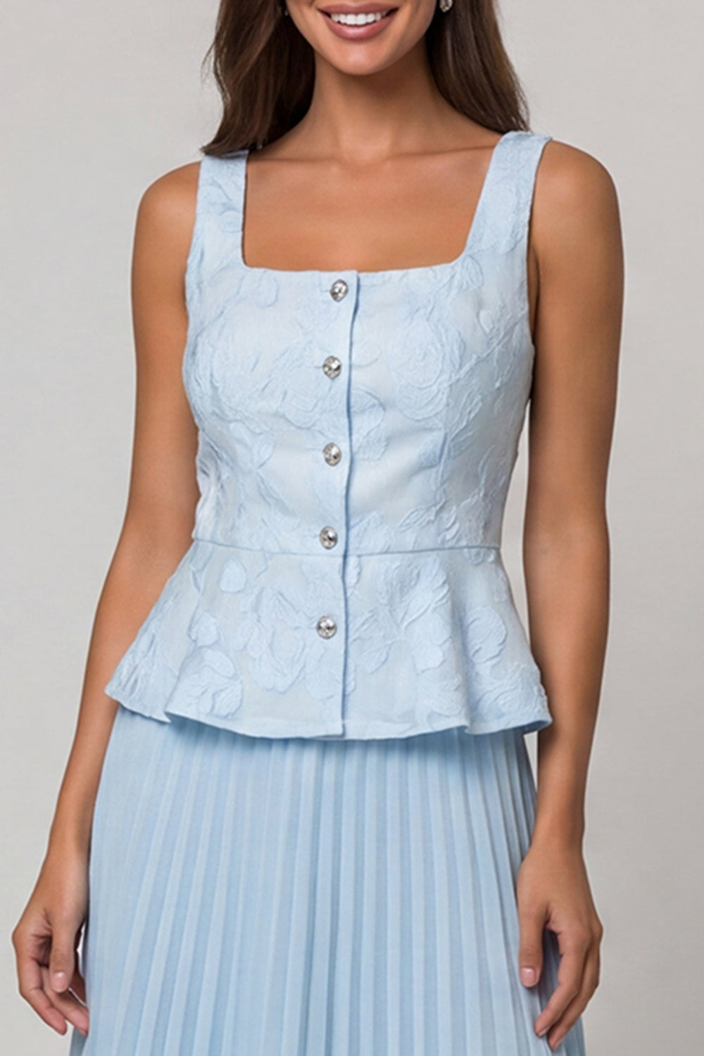 Robe de Travail Midi Plissée Évasée Col Carré Bleu Ciel