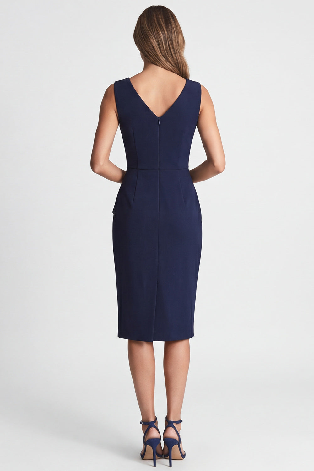 Robe de Travail Midi Ajustée Bleu Marine Froncée à Encolure en V avec Fente