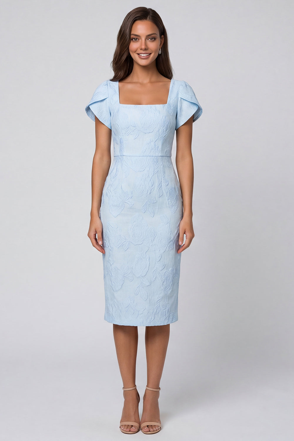 Square Neck Sky Blue Brocade Sheath Midi Work Dress