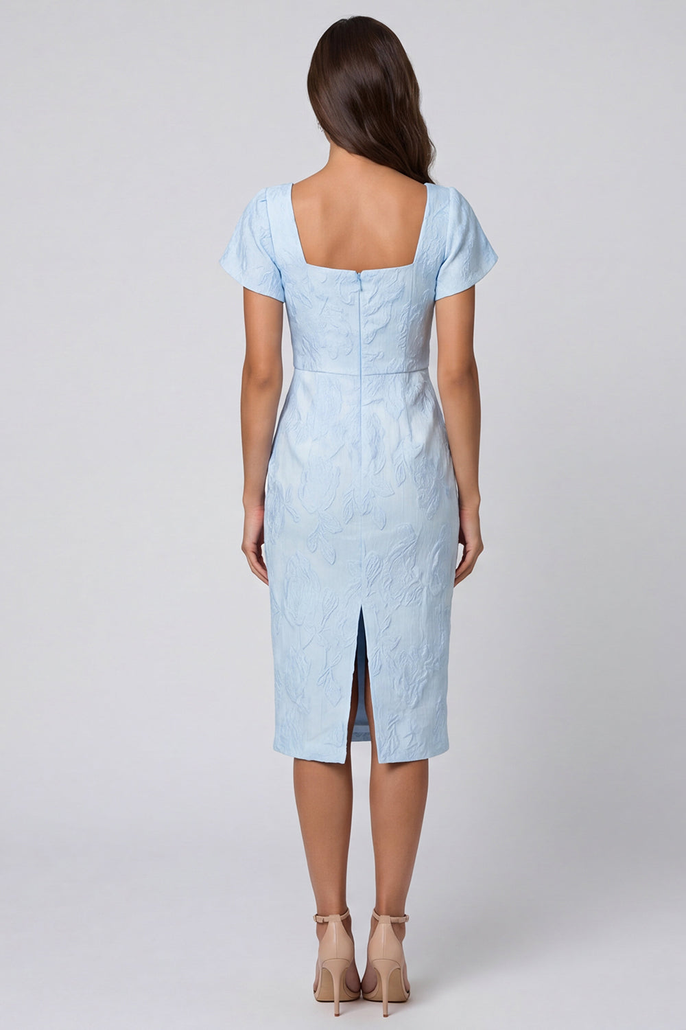 Square Neck Sky Blue Brocade Sheath Midi Work Dress